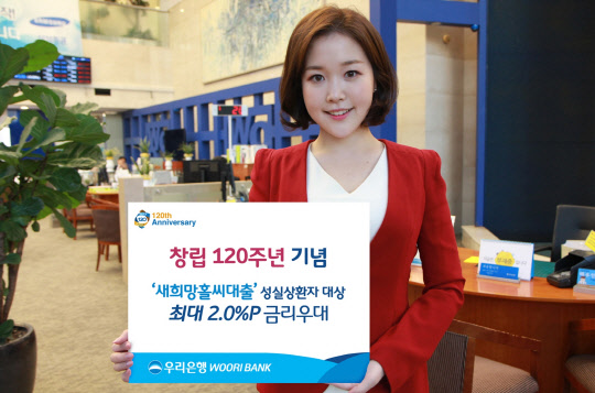 우리은행은 창립 120주년을 맞아 서민들의 금융부담 경감을 위해 우리새희망홀씨대출의 금리를 최대 2.0%포인트 우대한다고 2일 밝혔다. 우리은행 제공